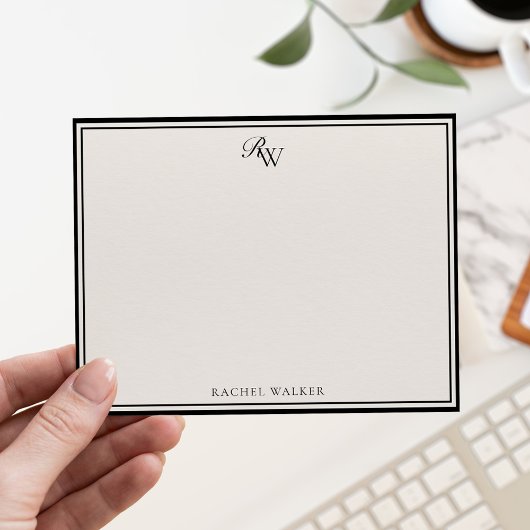 Elegant Black and Ivory Monogram Two Border Mitteilungskarte