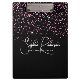 Elegant Black and Pink Glitter Salon Business Klemmbrett