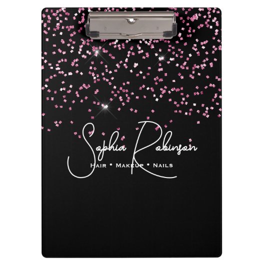 Elegant Black and Pink Glitter Salon Business Klemmbrett (Vorderseite)
