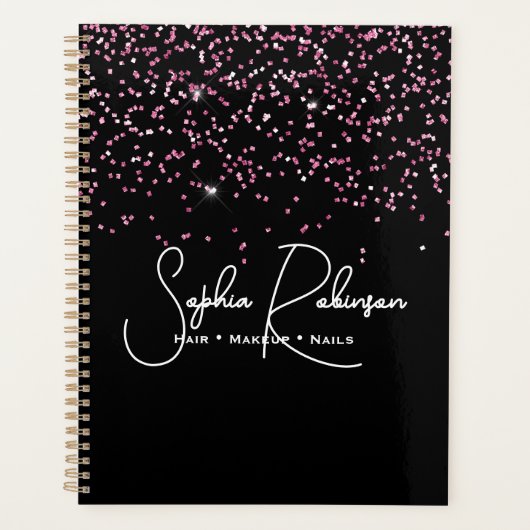 Elegant Black and Pink Glitter Salon Business Planer (Vorderseite)