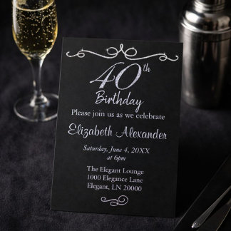 Elegant Black and Silver 40. Geburtstag Einladung