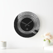 Elegant Black And Silver Damasks Ornate Frame Große Wanduhr (Zuhause)