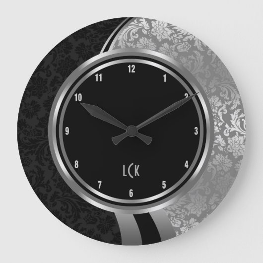 Elegant Black And Silver Damasks Silver Frame Große Wanduhr (Vorderseite)
