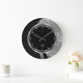 Elegant Black And Silver Damasks Silver Frame Große Wanduhr (Zuhause)