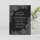 Elegant Black and Silver Floral Lace Wedding Einladung (Stehend Vorderseite)