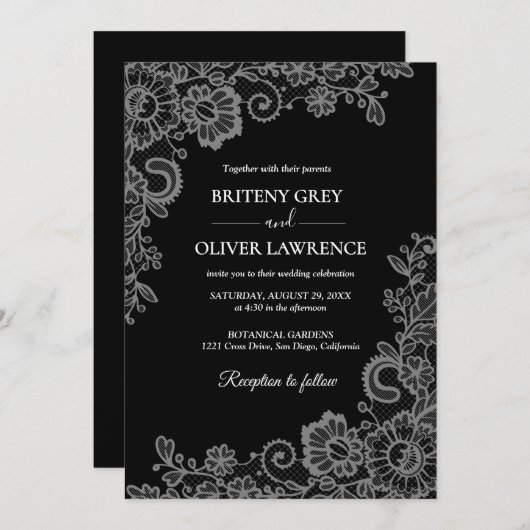 Elegant Black and Silver Floral Lace Wedding Einladung (Vorne/Hinten)