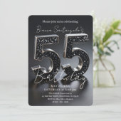 Elegant Black And Silver Glitter 55th Birthday Einladung (Stehend Vorderseite)