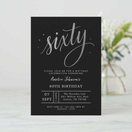 Elegant Black and Silver Sixtieth 60th Birthday Einladung (Stehend Vorderseite)