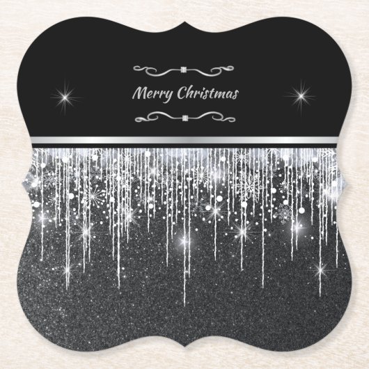 Elegant Black and Silver Sparkling Merry Christmas Untersetzer (Vorderseite)