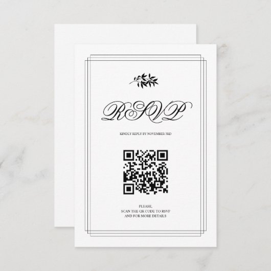 Elegant black and white branch and QR code wedding RSVP Karte (Vorne/Hinten)