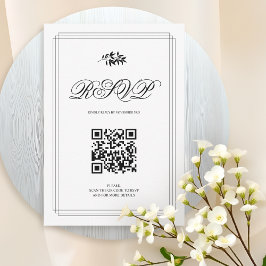 Elegant black and white branch and QR code wedding RSVP Karte