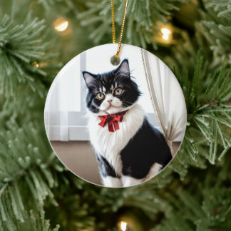 Elegant Black and White Cat Portrait Keramik Ornament