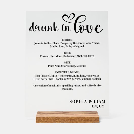 Elegant Black and White Drunk in Love Wedding Menu Acrylschild (Vorderseite)