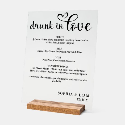 Elegant Black and White Drunk in Love Wedding Menu Acrylschild (Winkel)