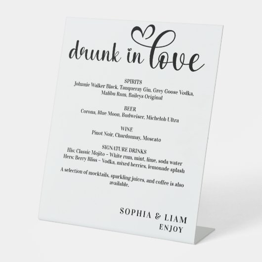 Elegant Black and White Drunk in Love Wedding Menu Sockelschild (Vorderseite)