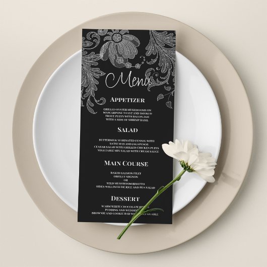 Elegant black and white floral lace Wedding Menu Programm