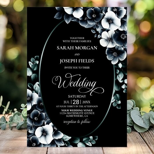 Elegant Black and White Floral Wedding Einladung