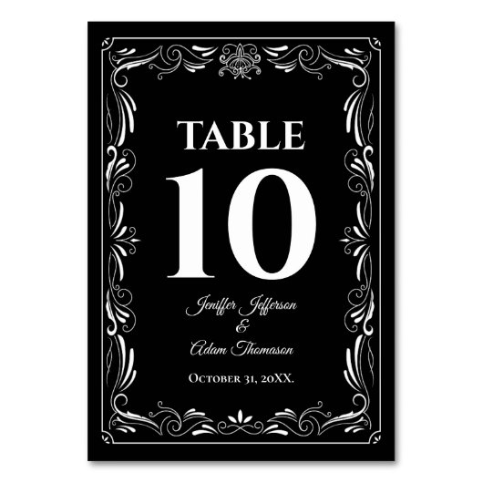 Elegant black and white Gothic Wedding Tischnummer (Vorderseite)