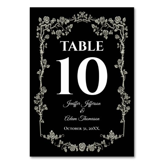 Elegant black and white Gothic Wedding Tischnummer (Vorderseite)