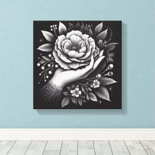 Elegant Black and White Hand Botanical Art Leinwanddruck (Insitu (Holzboden))