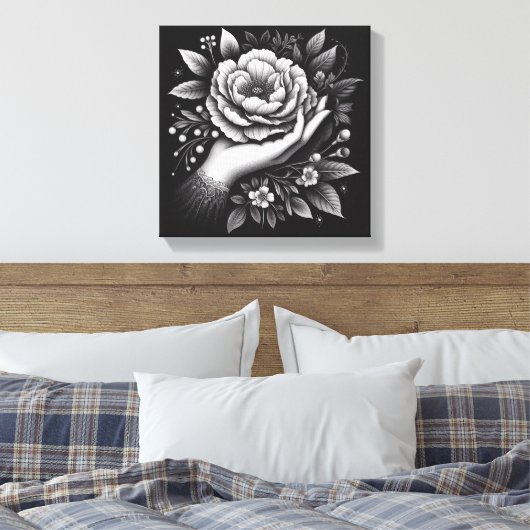 Elegant Black and White Hand Botanical Art Leinwanddruck (Insitu (Schlafzimmer))