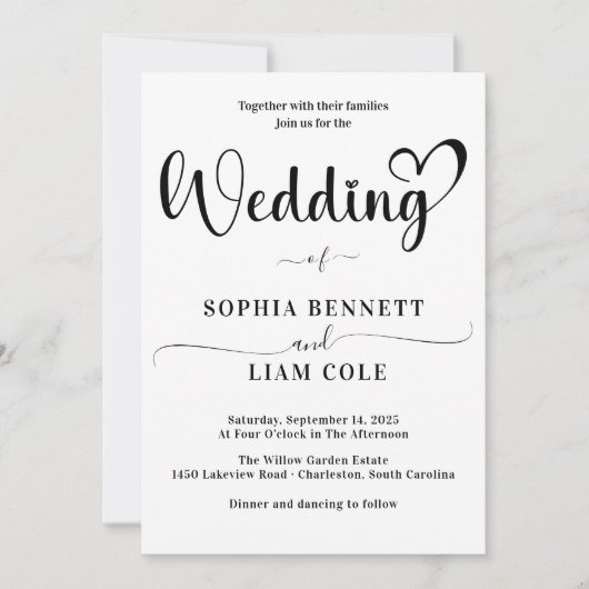 Elegant Black and White Heart Script Wedding Einladung (Vorderseite)