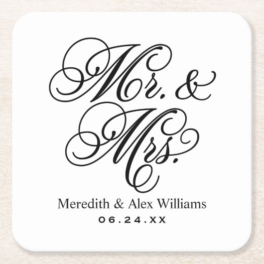Elegant Black and White Mr. und Mrs. Wedding Rechteckiger Pappuntersetzer (Vorderseite)