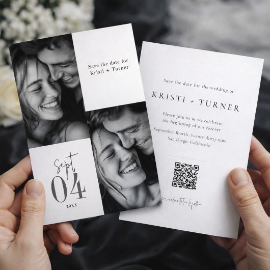 Elegant Black and White Photo QR Code Wedding Save The Date