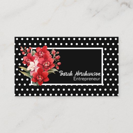 Elegant Black and White Polka Dot Floral Visitenkarte (Vorderseite)