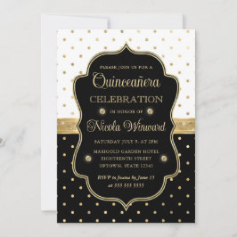 Elegant Black and White Polka Dots Quinceanera Einladung