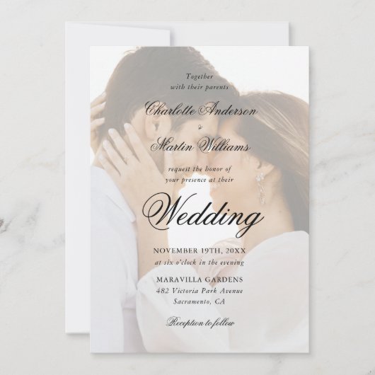 Elegant Black and White Script 2 Photo Wedding Einladung (Vorderseite)