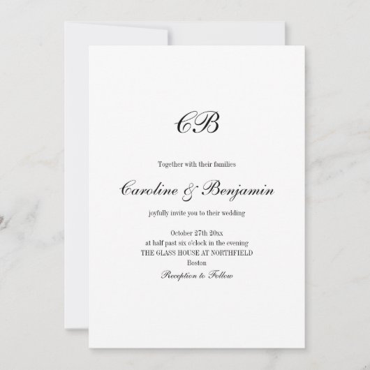 Elegant Black and White Script Monogram Wedding Einladung (Vorderseite)