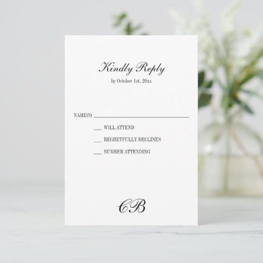 Elegant Black and White Script Monogram Wedding RSVP Karte (Stehend Vorderseite)
