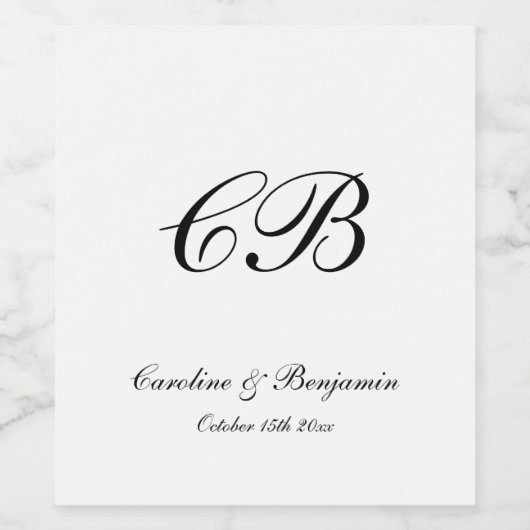 Elegant Black and White Script Monogram Wedding Weinetikett (Einzelnes Label)