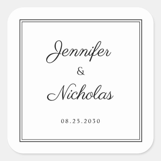 Elegant Black And White Script Wedding Quadratischer Aufkleber (Vorderseite)