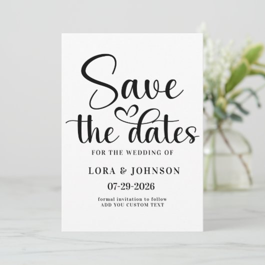 Elegant black and white wedding Calligraphy Save The Date (Stehend Vorderseite)