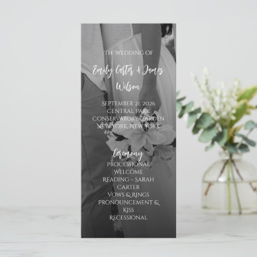 Elegant Black And White Wedding Programm (Stehend Vorderseite)