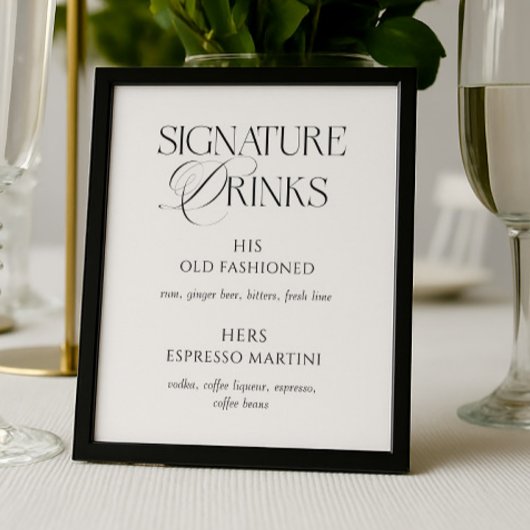 Elegant Black and White Wedding Signature Drinks Poster