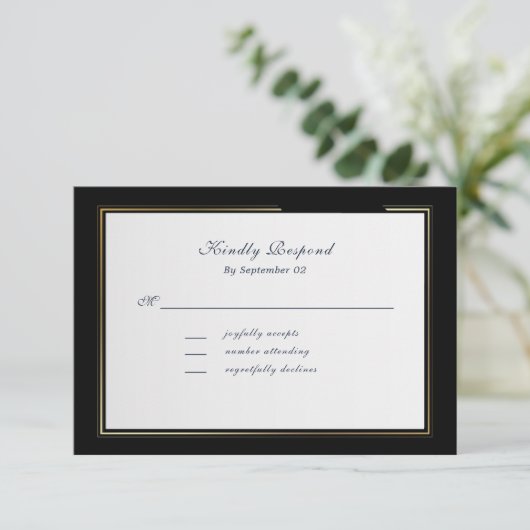 Elegant Black Background Gold Frame RSVP (Stehend Vorderseite)