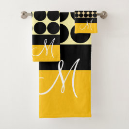 Elegant black  beige &  yellow dots monogram name badhandtuch set