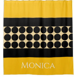 Elegant black  beige &  yellow dots monogram name duschvorhang