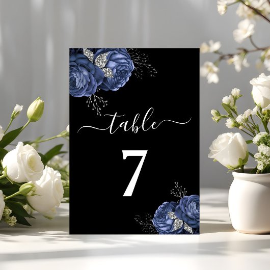 Elegant Black Blue Floral Tischnummer