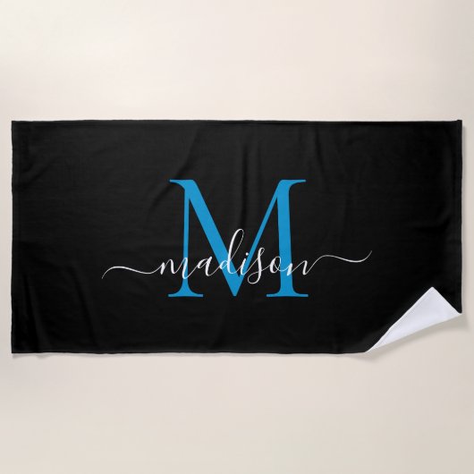 Elegant Black Blue Monogram Feminine Girly Script Strandtuch (Vorderseite)