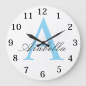 Elegant Black Blue Personalized Monogram Name Große Wanduhr (Vorderseite)