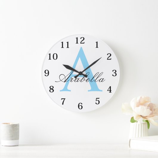 Elegant Black Blue  Personalized Monogram  Name  Große Wanduhr (Zuhause)