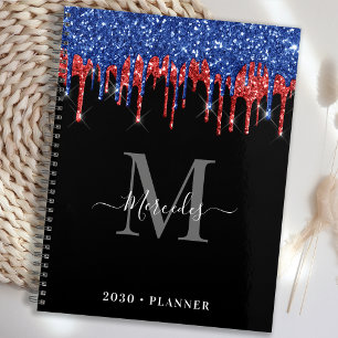 Elegant Black Blue Red Glitzer Tropfens Monogram Planer