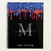 Elegant Black Blue Red Glitzer Tropfens Monogram Planer (Vorderseite)