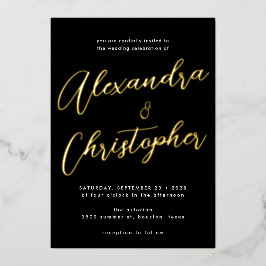 Elegant Black Blüh Calligraphy Wedding Gold Folieneinladung