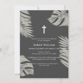 Elegant Black Boho Blätter Cross Baptisse Einladung (Vorderseite)