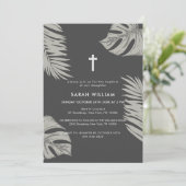 Elegant Black Boho Blätter Cross Baptisse Einladung (Stehend Vorderseite)